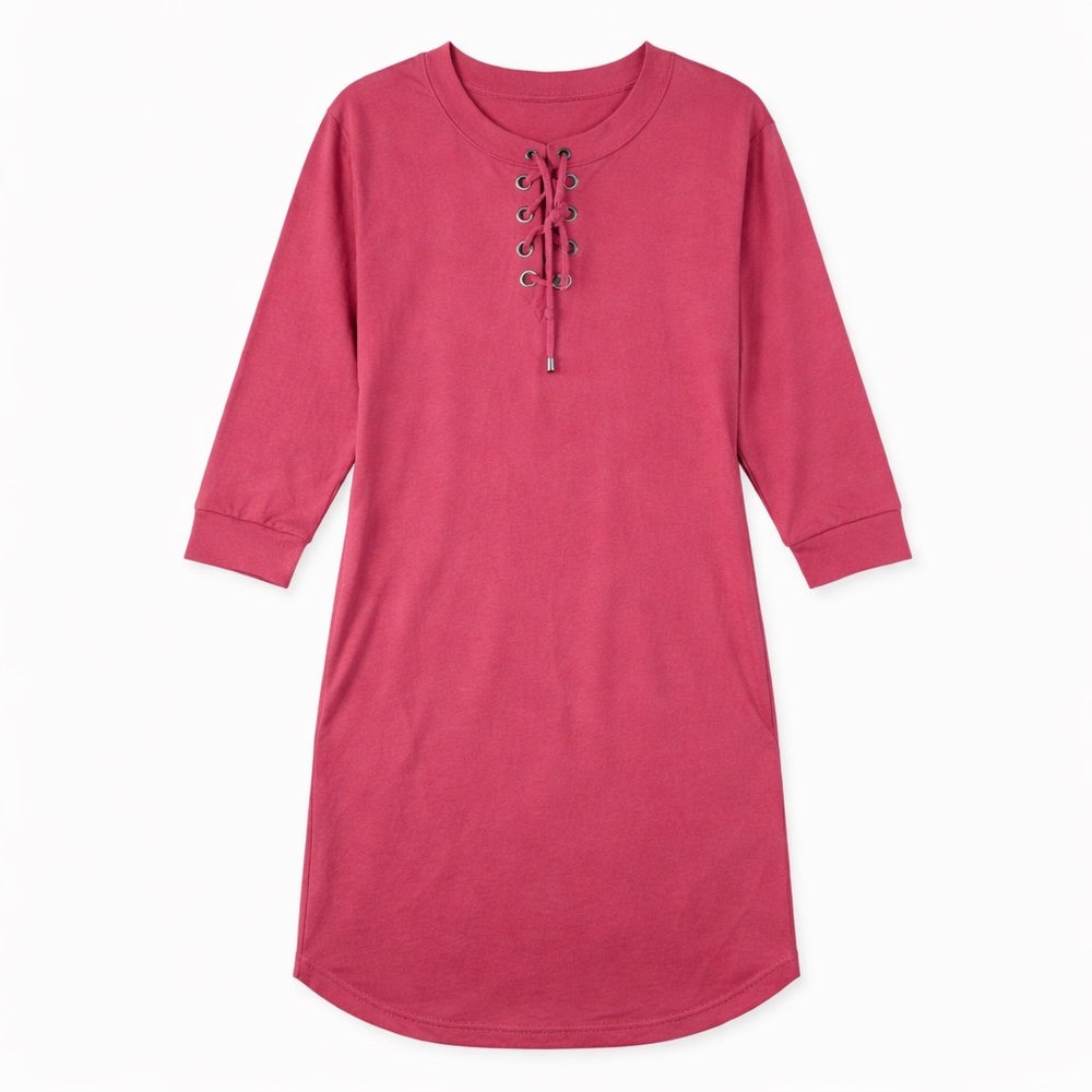 Woman Within 2X Pink Lace-Up Shift Dress Pockets 3/4 Sleeve Plus Size 26W/28W